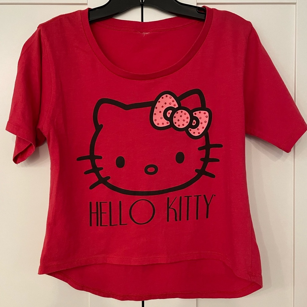 Women / Kids Hello Kitty Face Short Sleeve T-shirt Red Sparkling
